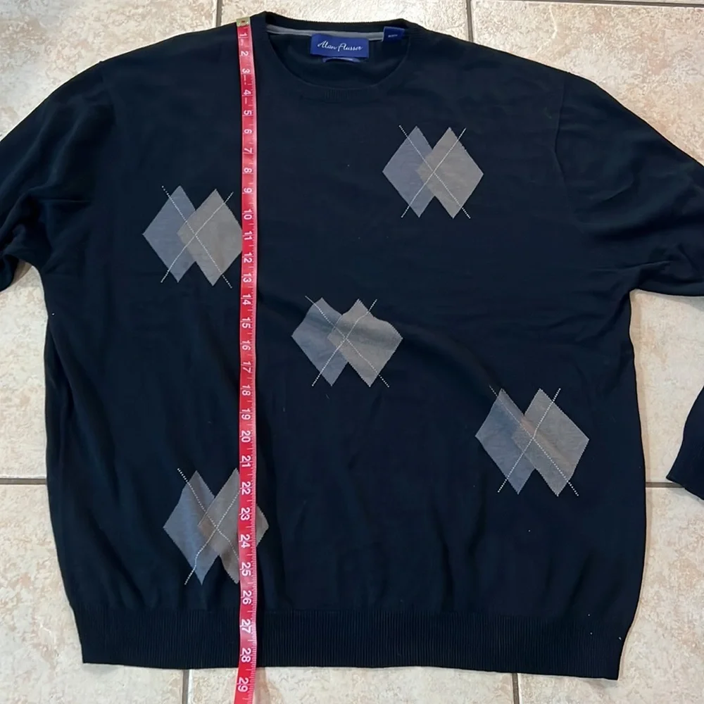 Alan Flusser Silk Cotton Blend‎ Navy Blue Golf Sweater Argyle Design, Sz XXL